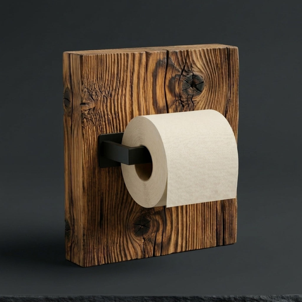 Uchwyt na papier toaletowy z drewna rozbiorkowego, zdjecie na czarnym tle