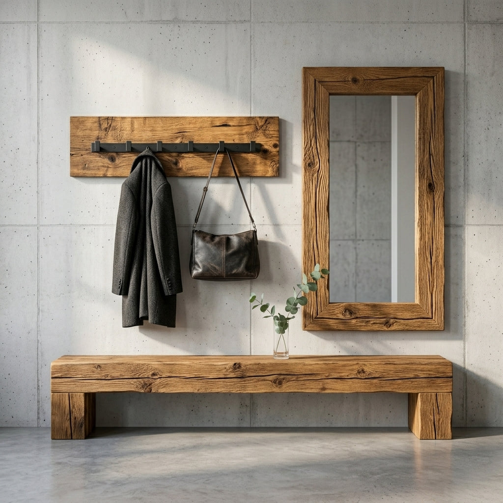Drewniany wieszak scienny w industrialnym przedpokoju w stylu loft