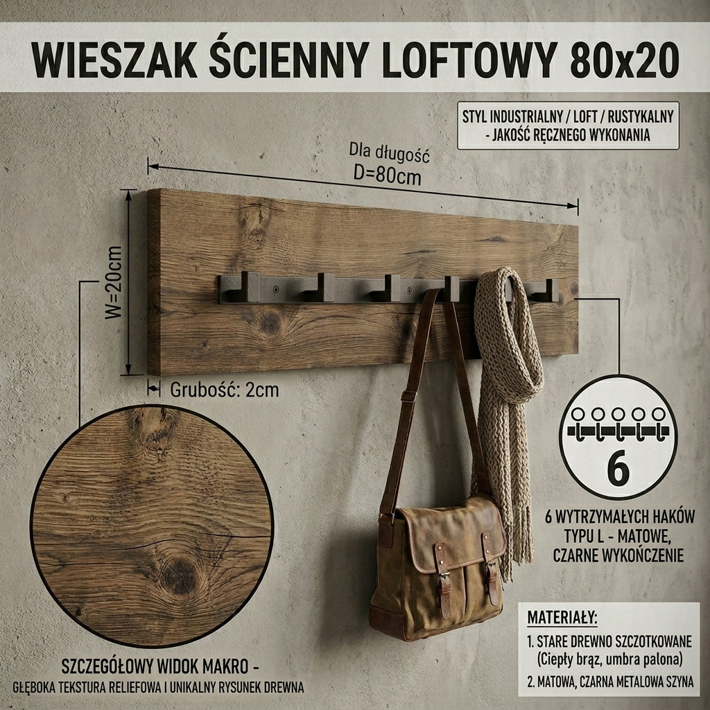 Wieszak scienny z metalowymi hakami, detal drewna rozbiorkowego